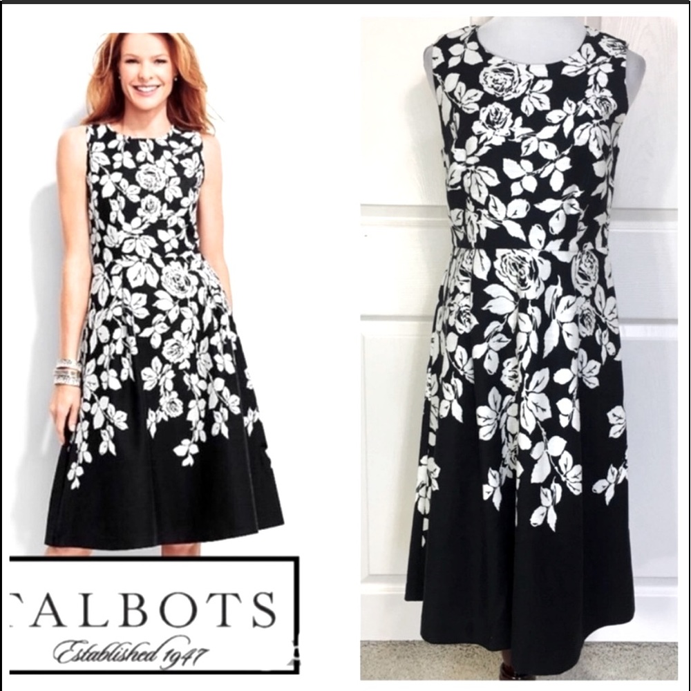 Talbots floral, lined, flare dress with pockets